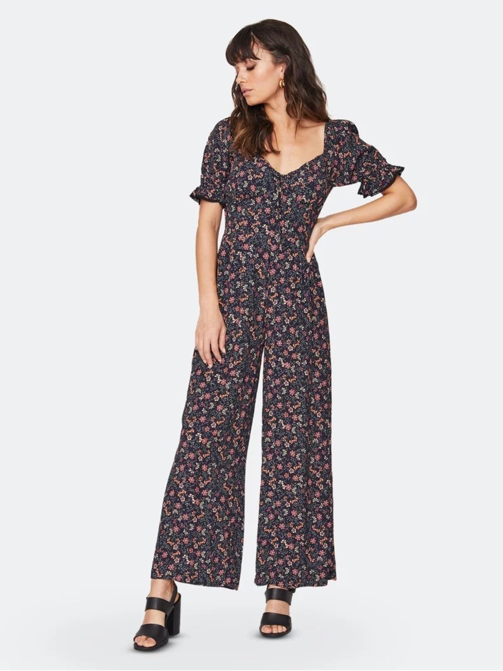 Lost + Wander “trip to the louvre” Black Floral Square-Neck Wide-Leg Jumpsuit